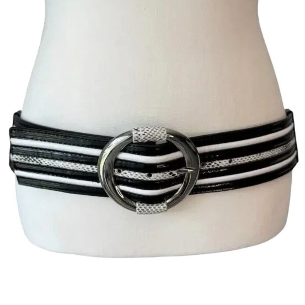 WHBM Striped Patent Leather Belt w/Statement Buckle Snakeskin Print Detail - M - Picture 1 of 9